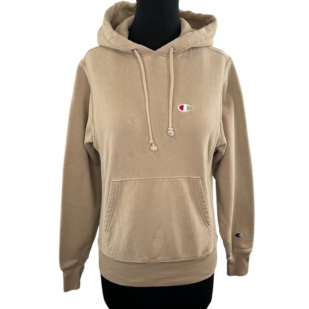 CHAMPION Reverse Weave Tan Cotton Poly Fleece Pullover Hoodie Sweatshirt X-Small
